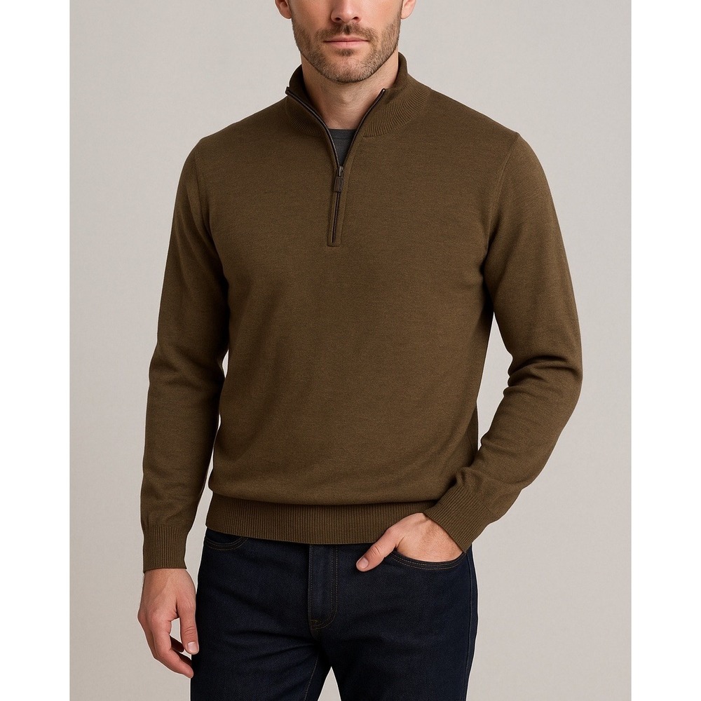 Linea Rosso Signature Mens Merino Wool 1/4 Zip Sweater Brown XL Italy